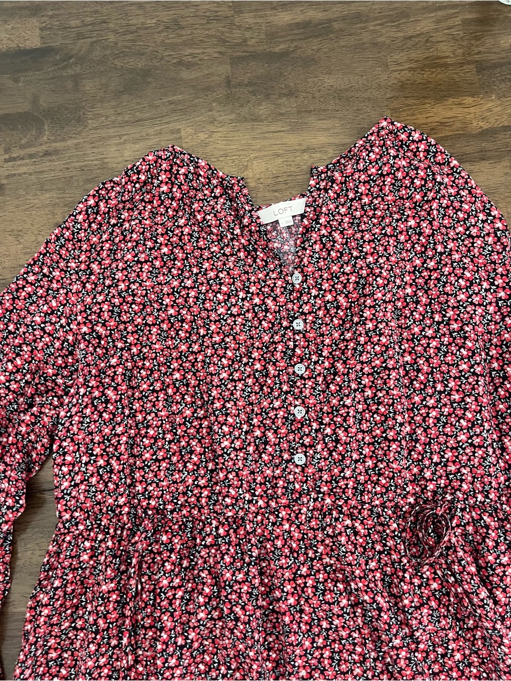 LOFT Black and Pink Floral Dress With Adjustable Ties and Buttons Flowy Large - Picture 2 of 9